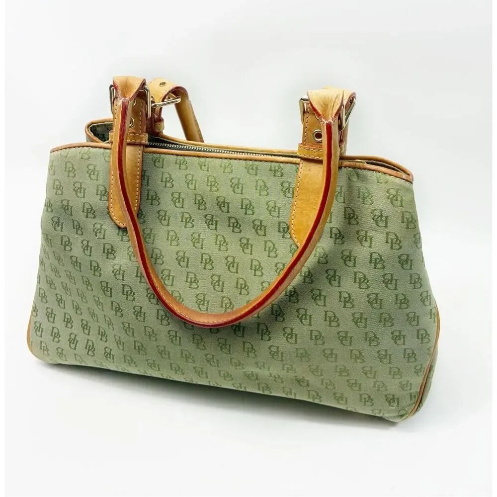Vintage Y2K Dooney & Bourke Green Monogram Canvas Satchel Tan Leather Trim